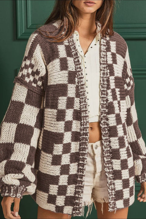 'Celandine' Checkered Drop Shoulder Cardigan - Celes Fashion